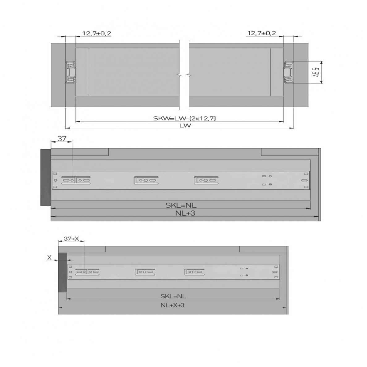 Pilno ištraukimo guoliniai bėgeliai H.45 mm VERSALITE PLUS, su švelnaus uždarymo mechanizmu 7 Pilno ištraukimo guoliniai bėgeliai H.45 mm VERSALITE PLUS, su švelnaus uždarymo mechanizmu 7
