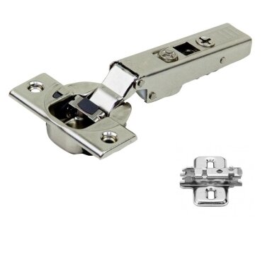 Išorinis BLUM lankstas su integruotu slopintuvu + CLIP plokštelė 0 mm Išorinis BLUM lankstas su integruotu slopintuvu + CLIP plokštelė 0 mm