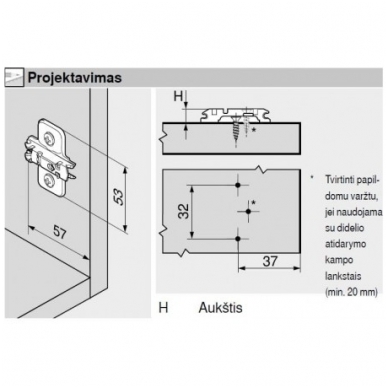 Išorinis BLUM lankstas su integruotu slopintuvu + CLIP plokštelė 0 mm 2 Išorinis BLUM lankstas su integruotu slopintuvu + CLIP plokštelė 0 mm 2