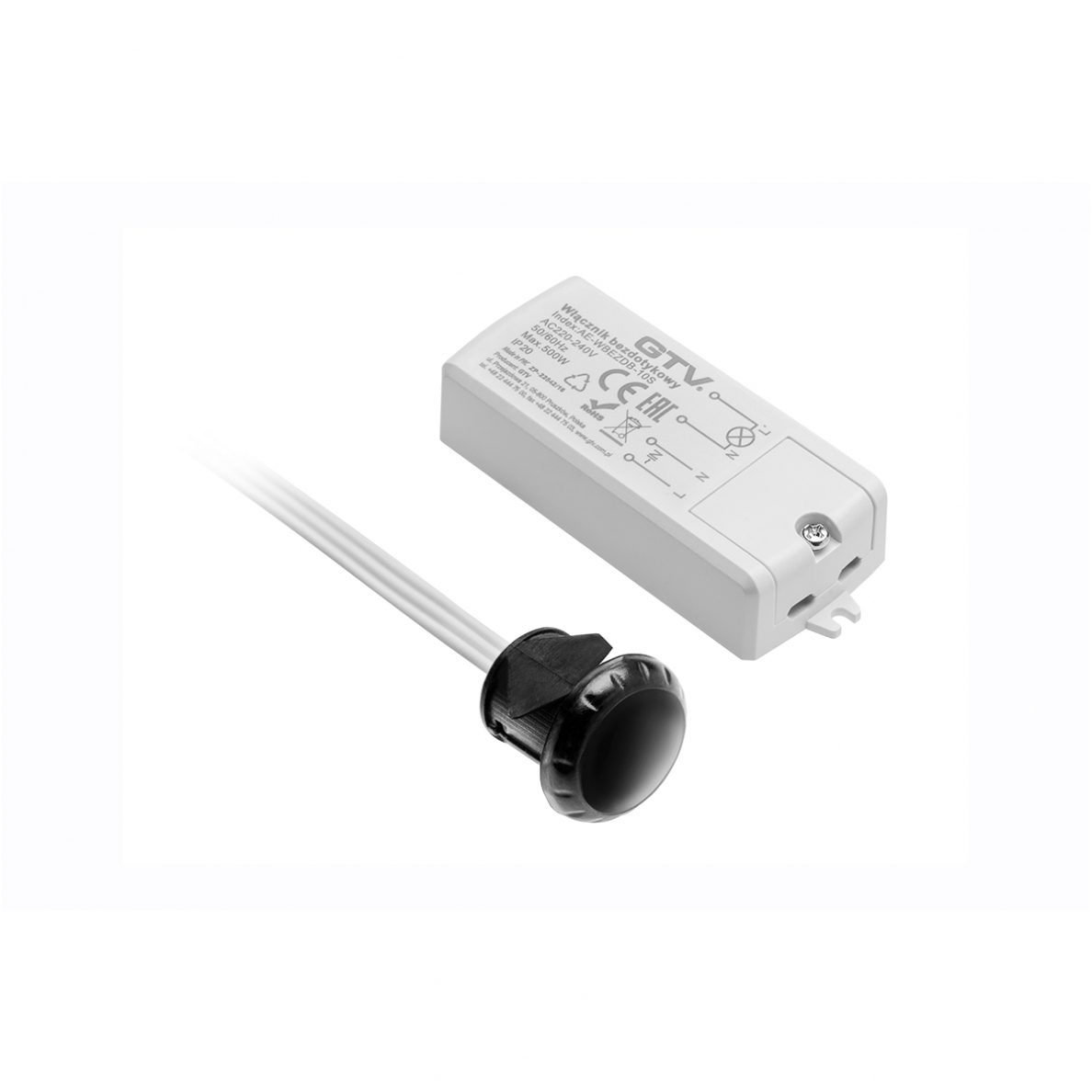 Bekontaktis jungiklis, 1 režimo, maks. 500 W, AC 110–240 V, IP20 Bekontaktis jungiklis, 1 režimo, maks. 500 W, AC 110–240 V, IP20