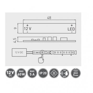 Jungtukas klijuojams LED profiliams, su laidų L-2m, max.60W 2