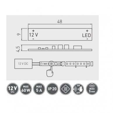 Jungtukas klijuojams LED profiliams, su laidų L-2m, max.60W 2 Jungtukas klijuojams LED profiliams, su laidų L-2m, max.60W 2