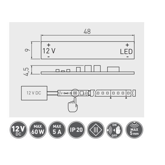 Jungtukas klijuojams LED profiliams, su laidų L-2m, max.60W 2 Jungtukas klijuojams LED profiliams, su laidų L-2m, max.60W 2
