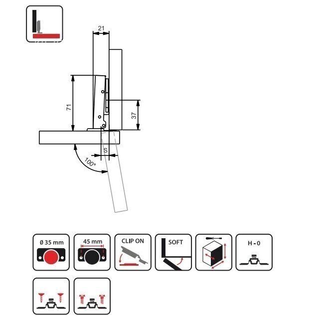 Lankstas ø35 mm švelnaus uždarymo + plokštele H.0 mm, išorinis 1 Lankstas ø35 mm švelnaus uždarymo + plokštele H.0 mm, išorinis 1