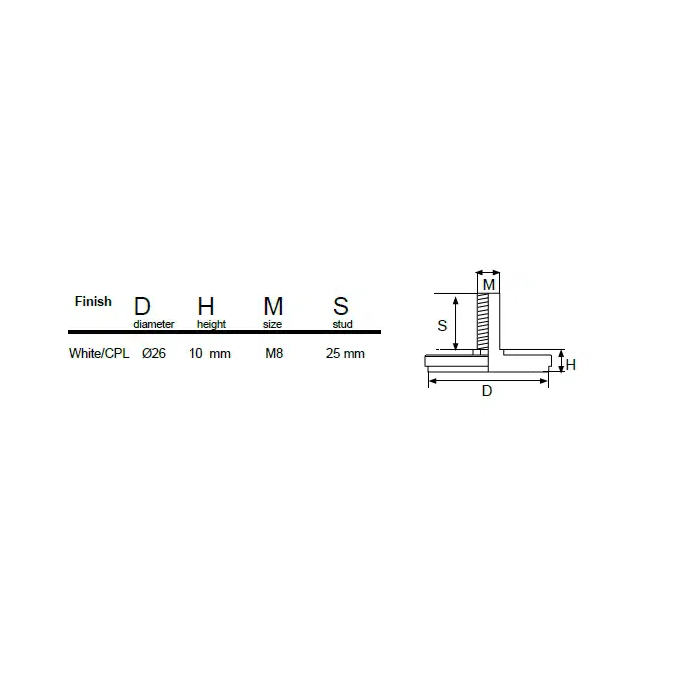Reguliuojama kojelė TITAN ø26x10 mm, M8x25 mm, balta 2 Reguliuojama kojelė TITAN ø26x10 mm, M8x25 mm, balta 2