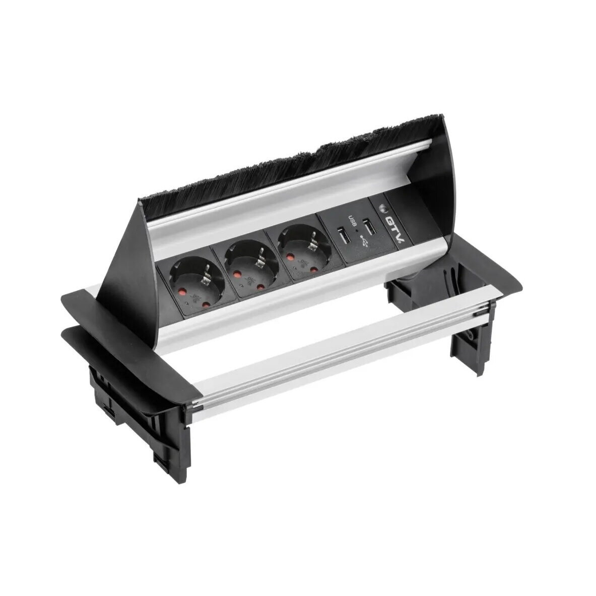 Rozetė 3-jų lizdų su šepetėliu, 3× SCHUKO, 2× USB-A 2,1 A, kabelis 1,5 m, aliuminis. Rozetė 3-jų lizdų su šepetėliu, 3× SCHUKO, 2× USB-A 2,1 A, kabelis 1,5 m, aliuminis.