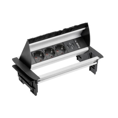 Rozetė 3-jų lizdų su šepetėliu, 3× SCHUKO, 2× USB-A 2,1 A, kabelis 1,5 m, aliuminis.
