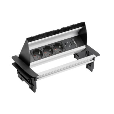 Rozetė 3-jų lizdų su šepetėliu, 3× SCHUKO, 2× USB-A 2,1 A, kabelis 1,5 m, aliuminis. Rozetė 3-jų lizdų su šepetėliu, 3× SCHUKO, 2× USB-A 2,1 A, kabelis 1,5 m, aliuminis.