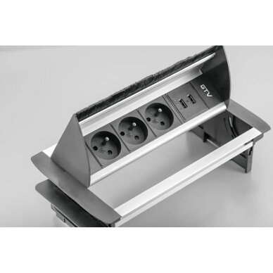 Rozetė 3-jų lizdų su šepetėliu, 3× SCHUKO, 2× USB-A 2,1 A, kabelis 1,5 m, aliuminis. 2 Rozetė 3-jų lizdų su šepetėliu, 3× SCHUKO, 2× USB-A 2,1 A, kabelis 1,5 m, aliuminis. 2
