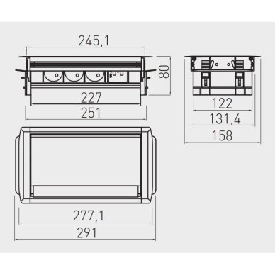Rozetė 3-jų lizdų su šepetėliu, 3× SCHUKO, 2× USB-A 2,1 A, kabelis 1,5 m, aliuminis. 3