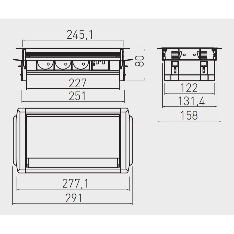 Rozetė 3-jų lizdų su šepetėliu, 3× SCHUKO, 2× USB-A 2,1 A, kabelis 1,5 m, aliuminis. 3